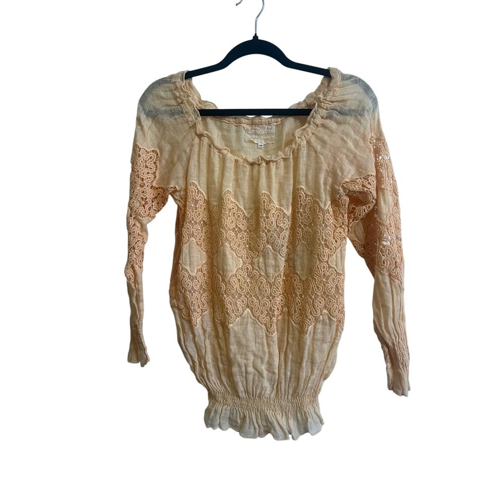 Temptation Positano 100% Linen Blouse Orange Lace Crochet Sz M Smocked Accent